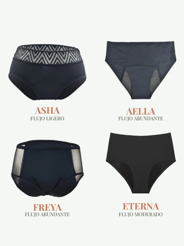 Kit Libertad con Alella con calzones menstruales FREYA, AELLA, ASHA y ETERNA para uso diario