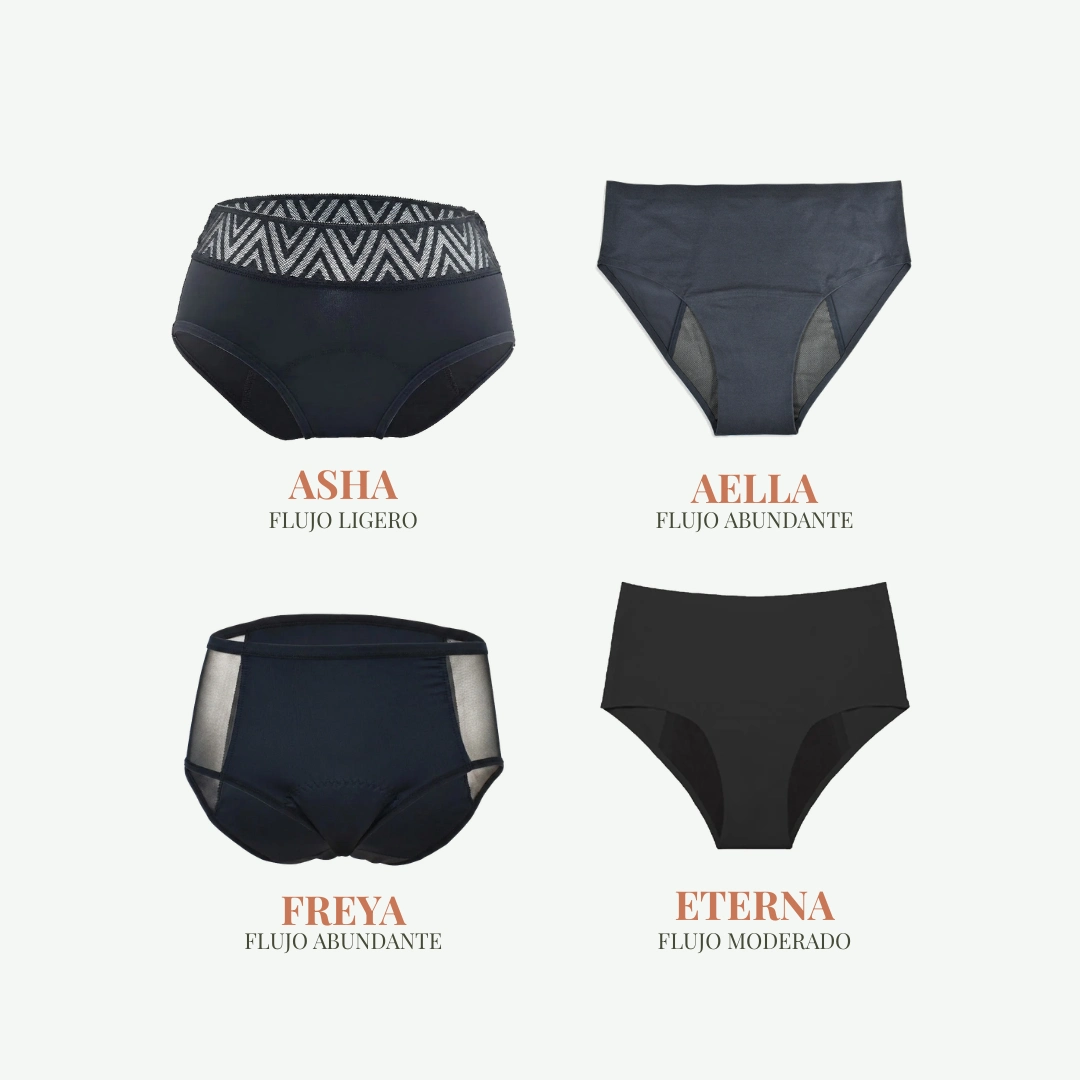 Kit Libertad con Alella con calzones menstruales FREYA, AELLA, ASHA y ETERNA para uso diario
