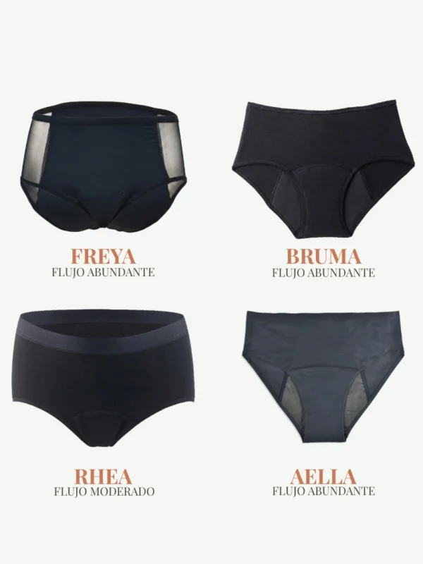 Kit Oficina con Alella con calzones menstruales AELLA, FREYA, BRUMA y bikini menstrual RHEA para jornadas laborales
