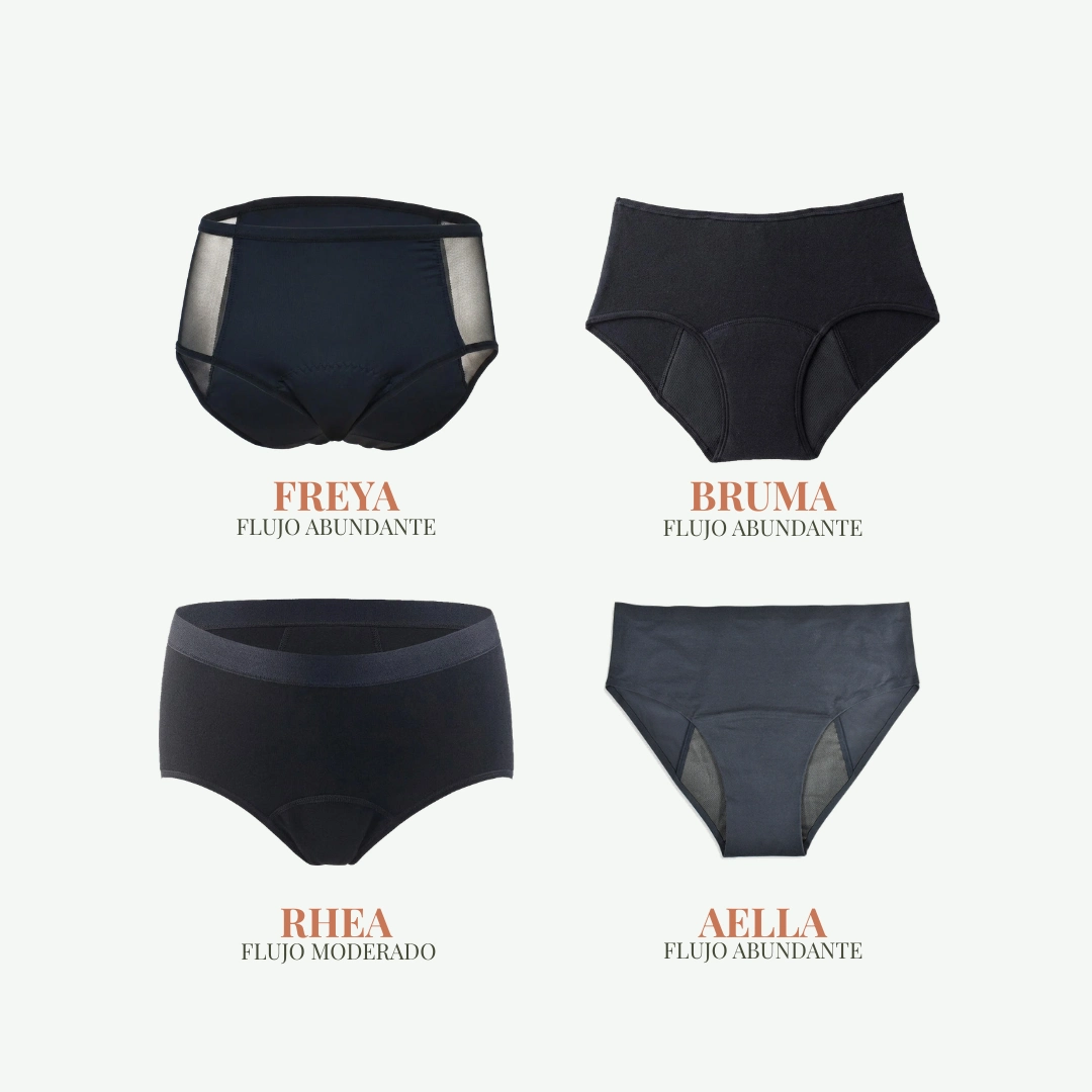 Kit Oficina con Alella con calzones menstruales AELLA, FREYA, BRUMA y bikini menstrual RHEA para jornadas laborales