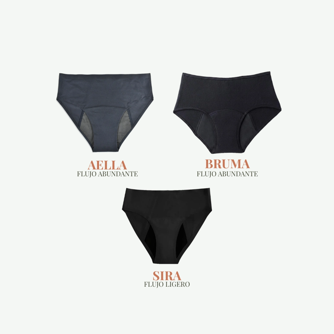 Kit Viajando con Alella con calzones menstruales AELLA, BRUMA y SIRA para viajar durante el periodo
