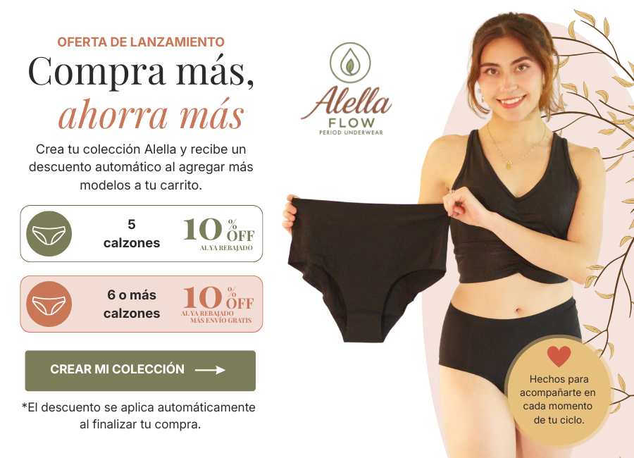 oferta por lanzamiento (1) oferta de lanzamiento, calzones menstruales compra 5 y recibe 10% de descuento, ccompra 6+ recibe 10% + envío grati